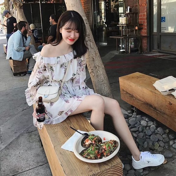 Floral Patterned Off Shoulder Jumpsuit Chiffon - Picture 2 of 5